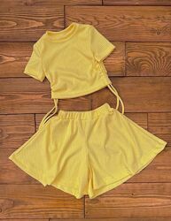 Комплект для девочки в рубчик, футболка-топ и шорты-юбка, Р. 116-134