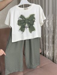 Стильный костюм для маленьких модниц, футболка и штаны палаццо, Турция