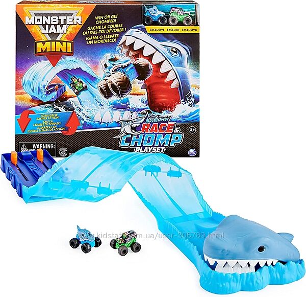 Hot Wheels Monster Jam Mini megalodon race and chomp трек атака акулы и два