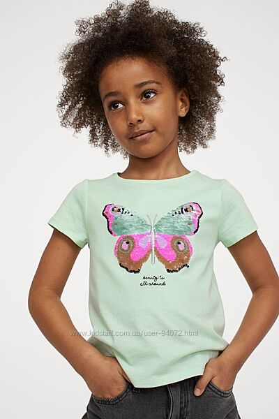 H&M Классная футболочка с бабочкой из пайеток-перевертышей для 3-4 и 6-8лет