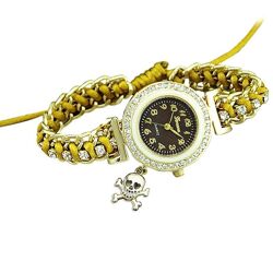 Часы-браслет с золотой цепью и горчичным шнуром с утяжкой и подвеской-череп