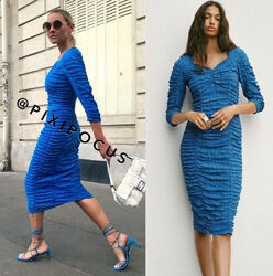 Жаккардовое облегающее платье синее с длинным рукавом Zara