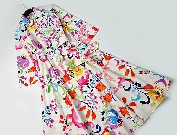Новое длинное хлопковое платье рубашка с поясом в принт Zara Размер М 100 