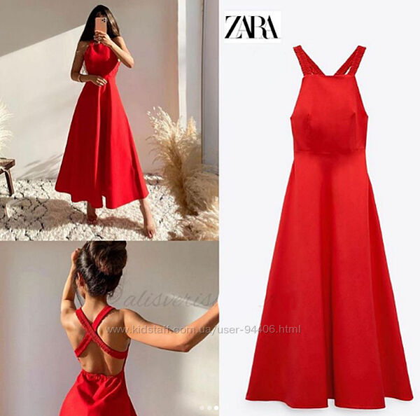 Длинное, красное, натуральное, платье, с открытой, спиной, ZARA