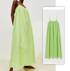 Длинное свободное оверсайз платье цвета лайма из смесового льна H&M