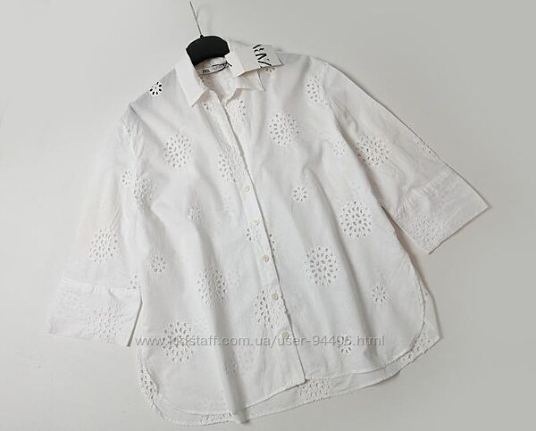 Белая свободная хлопковая рубашка в перфорацию Zara