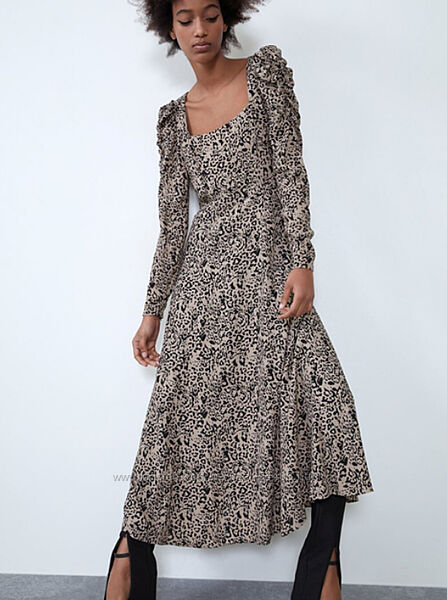 Длинное вискозное платье в принт Zara