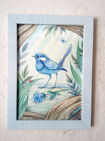 картина Blue bird, А4, акварель, в рамке