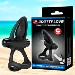 Віброкільце для члена з обхватом яєчок чорне PrettyLove Vibration Cock Ring