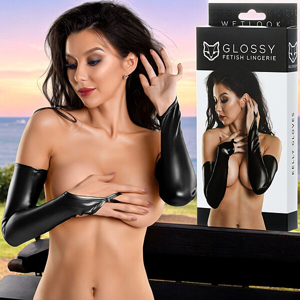 Чорні довгі рукавички мітенки Glossy Kelly з матеріалу Wetlook через палець