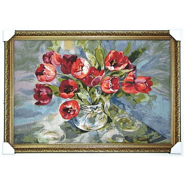 Гобіленова картина Весняне Кохання, натюрморт тюльпани у вазі