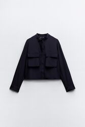 Темно синя укорочена сорочка з накладними кишенями Zara