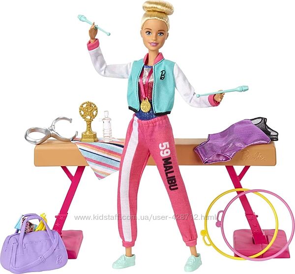 Кукла Барби гимнастка на бревне булавы обруч Barbie Gymnastics