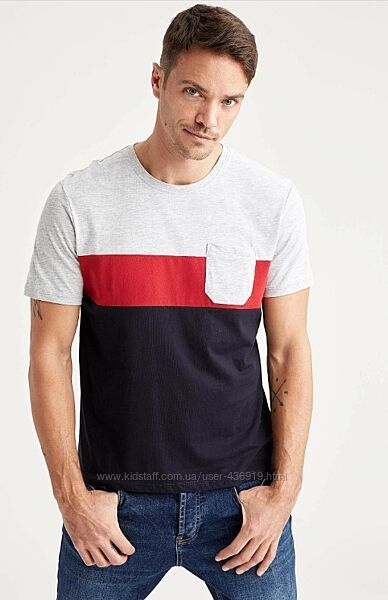 серая мужская футболка Defacto/Дефакто с карманом, в полоску, Турция