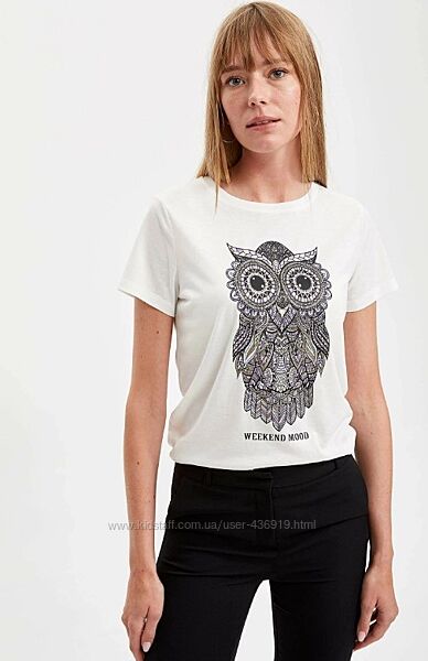 белая женская футболка Defacto/Дефакто с цветной совой. Турция