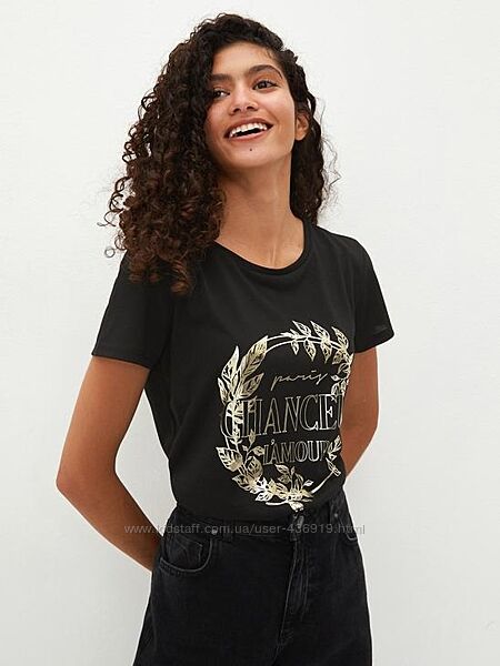 черная женская футболка LC Waikiki/ЛС Вайкики с золотистым принтом Chanceux