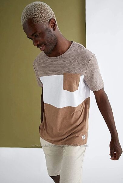 бежевая мужская футболка Defacto/Дефакто с карманом на груди, в полоску