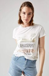 белая женская футболка Defacto/Дефакто с серебристо-золотисто-бронзовым