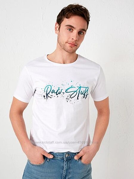 белая мужская футболка LC Waikiki/ЛС Вайкики с принтом Raw Stuff. Турция