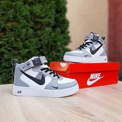 Зимові високі кросівки Nike Air Force, сірі з білим, з хутром