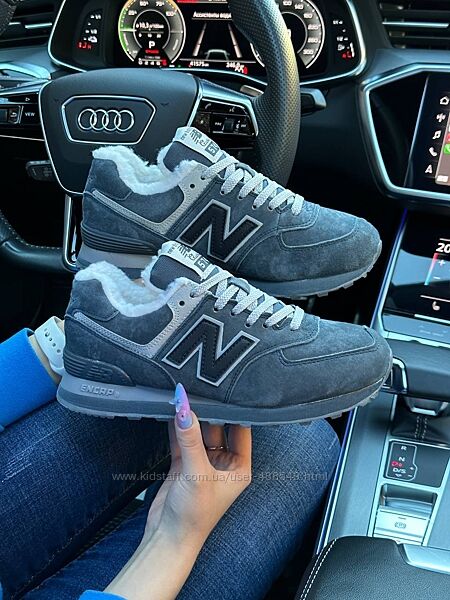 Зимові жіночі кросівки з хутром New Balance 574 Dark Gray, замша