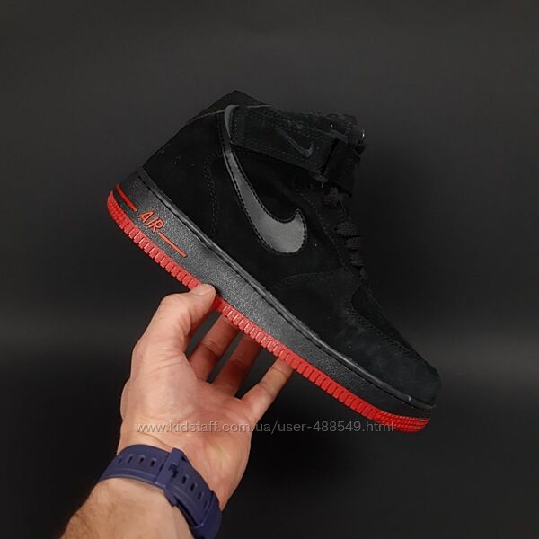 Зимові чоловічі кросівки з хутром Nike Air Force 1 високі чорні з червоним