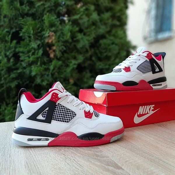 Зимові чоловічі кросівки Nike Air Jordan 4 високі білі з червоним, з хутром