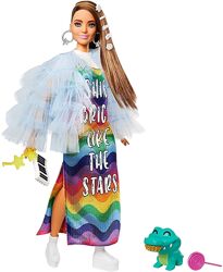 Кукла Барби Экстра 9 в синей куртке с рюшами и домашним крокодилом