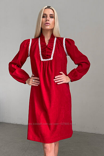 Жіноча вельветова яскрава сукня. Пудра та червоний. Виробник Україна