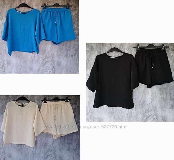  Жіночий легкий літній костюм муслін, футболка, шорти, летний костюм