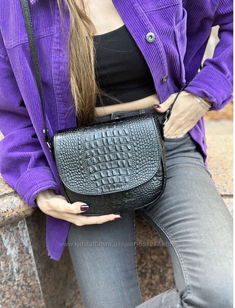 Сумка клатч, кросс-боди женская натуральная кожа, черная под крокодила 1656
