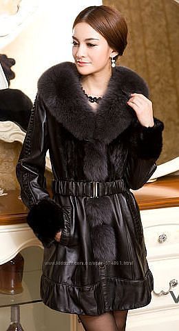 Женское удлиненное кожаное пальто с мехом норки
