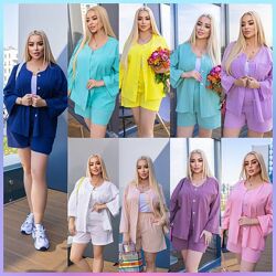 48-50, 52-54, 56-58 Костюм двійка сорочка і шорти котон-жатка