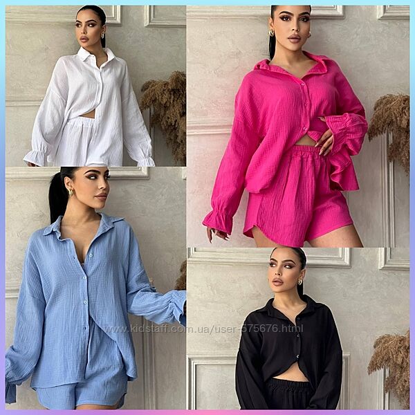 S-M, L-XL костюм муслін сорочка та шорти