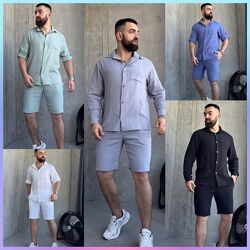 M, L, XL, 2XL Літній чоловічий костюм сорочка з шортами муслін