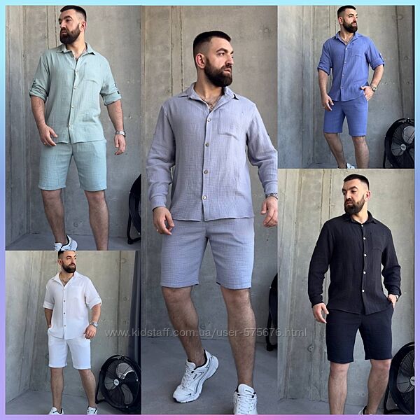 M, L, XL, 2XL Літній чоловічий костюм сорочка з шортами муслін