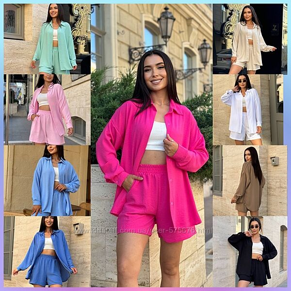 S-M, L-XL костюм сорочка та шорти американський жатий креп