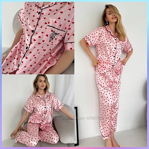 M, L, XL, XXL піжама з серцями шовк армані