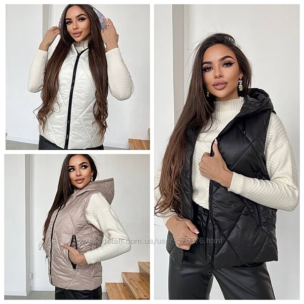 42-44, 46-48, 50-52, 54-56 жилет стьоганий з капюшоном плащівка лаке 