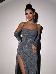 S, М, L Сяючий комплект корсет рукавички спідниця максі