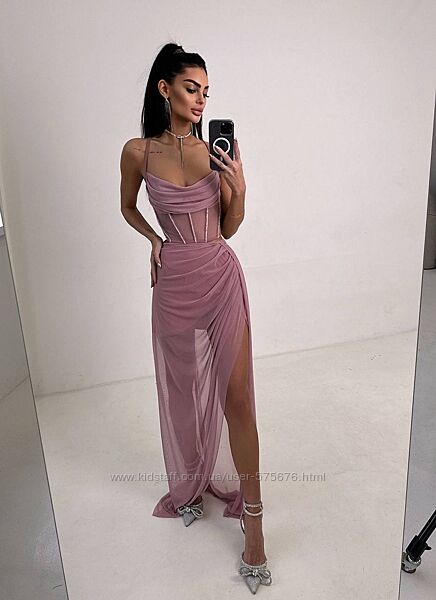 S, M Комплект корсет декорований стразами та спідниця максі