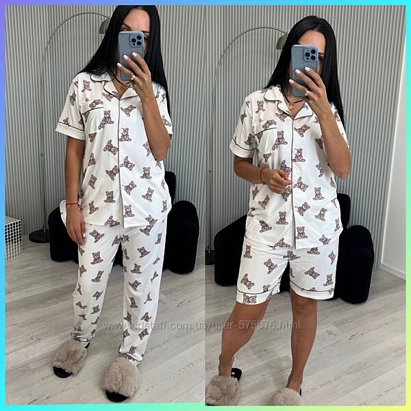 S, M, L, XL Піжамка трійка сорочка , шорти, штани мягенький хлопок