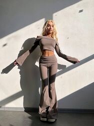 S, M, L Трикотажний комплект топ із хомутом та штани кльош термо трикотаж