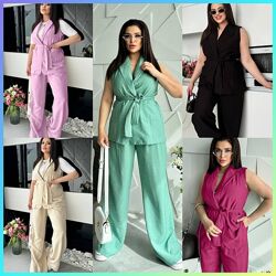 р.42 до 60р. Костюм подовжений жакет з поясом та брюки льон бохо