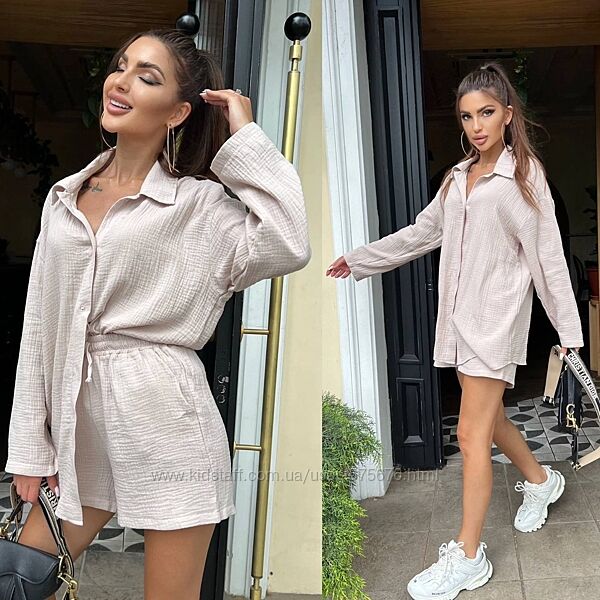 42-44, 46-48 Костюм сорочка та шорти муслін