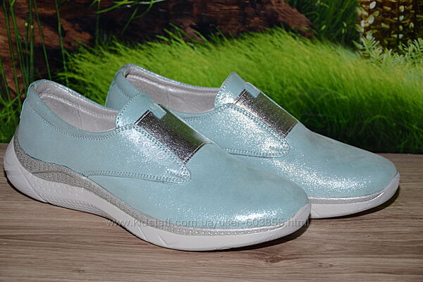 Кроссовки, слипоны Ecco на резинке кожа натуральная С15 голубые размер 37