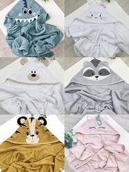 Детское полотенце с уголком для купания в Единорог, Дино, Мишка, Бемби