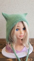 Шапка вязаная женская с ушками Devil hat ручная работа 7 цветов