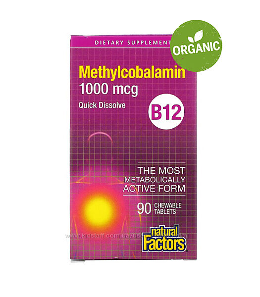 Natural Factors, Витамин В12, метилкобаламин, 1000 мкг, 90 таблеток 