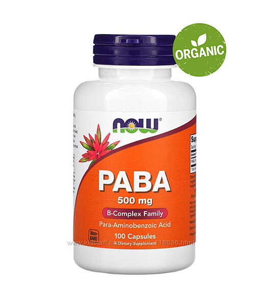  NOW Foods, PABA, ПАБК, 500 мг, Витамин В10, b10, 100 капсул
